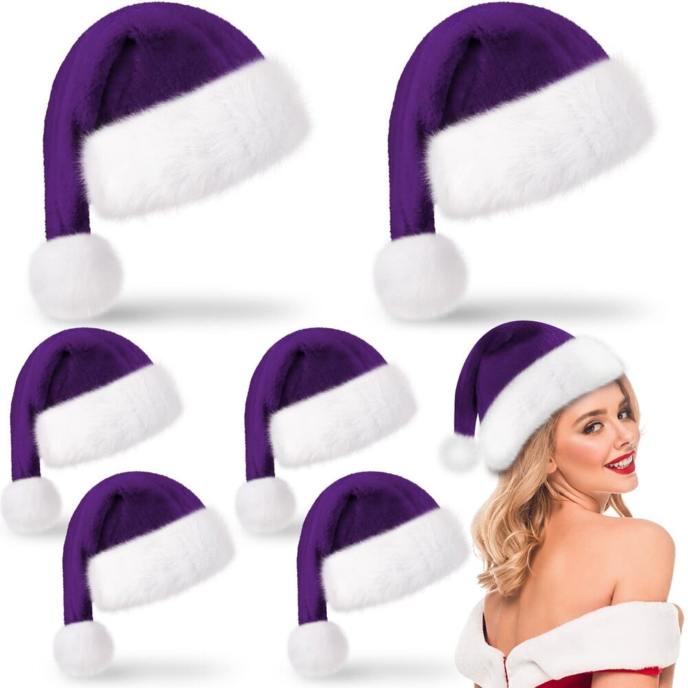 5051 6 Pcs Christmas Purple Pink Santa Hat Xmas Hat Plush Velvet Christmas